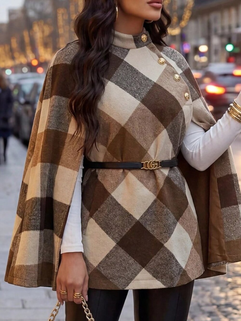Khaki Casual Women's Oversized Tartan Stand Collar Button Front Cape Coat